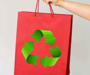 Recycle logo on red paper bag