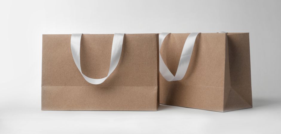 Brown paper bag with ribbon handles
